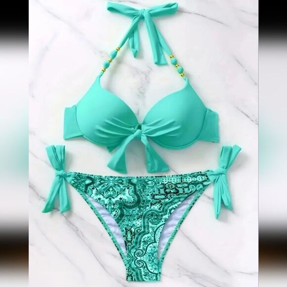 Womens High Waisted Turquoise Bikini Set. Size L - Picture 2 of 4